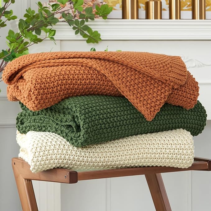 Chunky Cable Knit Throw Blanket Lightweight Burnt Orange 100% Organic Cotton Blanket for Sofa Couch Bed Baby Nursery, Rustic Shabby Chic Modern Farmhouse, 60” x 80” Give Laundering Bag