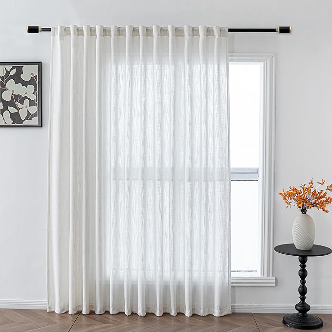 MYSKY HOME Natural Linen White Curtains 84 Inches Long, Semi Sheer Soft Cotton Window Drapes Set for Living Room Back Tab Elegant Cute Look Country Bedroom Curtains, 100" x 84", Beige, Pack-1