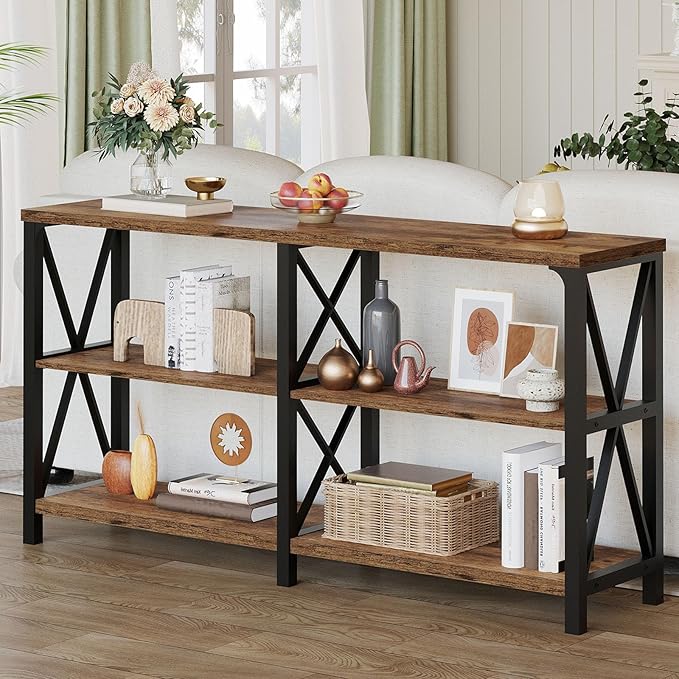 LVB Wood Console Table, Rustic 3 Tier Sofa Table Behind Couch, Industrial Metal Entryway Table with Storage Shelf, Farmhouse Wooden Foyer Hallway Table for Entry Living Room, Rustic Brown, 55 Inch