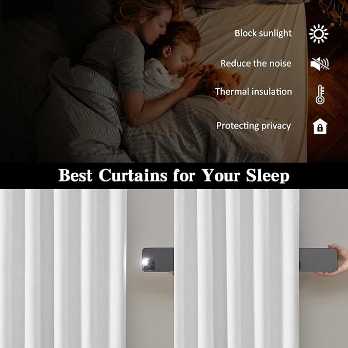 RAIN CITY Snow White Black Out Curtains 84 Inches Long Textured Bedroom Curtains for Track System Hooks Back Tab 2 Panels 50 x 84