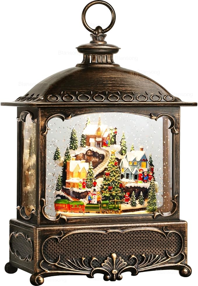 Village Snow Globe Christmas Decorations Gifts Auto Snowfall Glitter Music Collection Village Scene Train Tree Church Snowman with 6H Timer USB/Battery Powered 12 inch