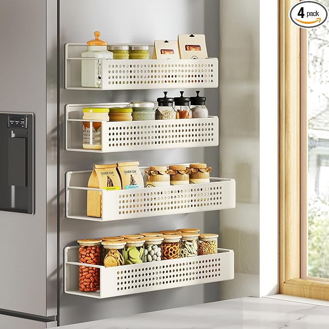 SONGMICS Magnetic Spice Rack for Refrigerator, Set of 4, 2 Large and 2 Small Kichen Magnetic Shelves for Microwave, Washing Machine, Spice Organizers, No Drilling Needed, Cream White UKCS061W01