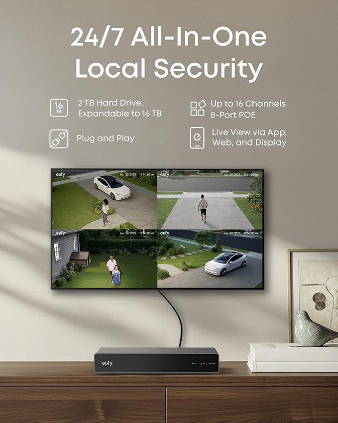 eufy PoE NVR Security Camera System S4, 24/7 Recording,Up to 16CH, 2TB HDD, 2 Bullet-PTZ Cams, 2 Bullet Cams, 360° PTZ, AI Auto Framing & Tracking, Smart Video Search, Color Night Vision