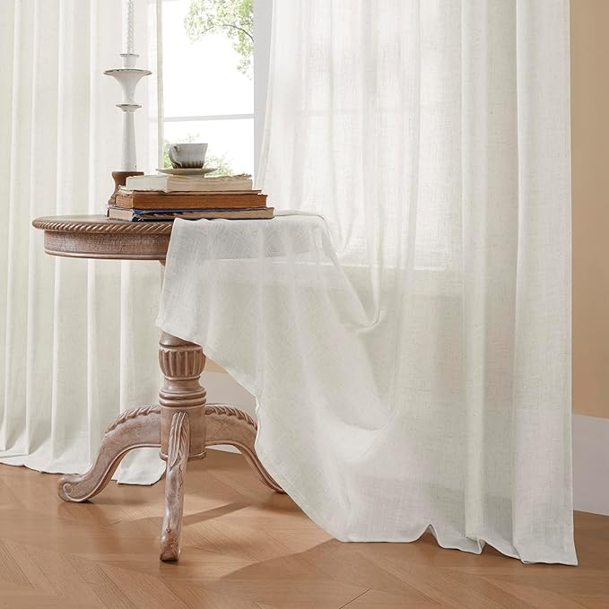 Joydeco Light Filtering Curtains 96 Inch Length for Bedroom, Linen Curtains 96 Inch Length 2 Panels Set for Living Room，White Semi Sheer Drapes 96 Inches Long with Rod Pockets