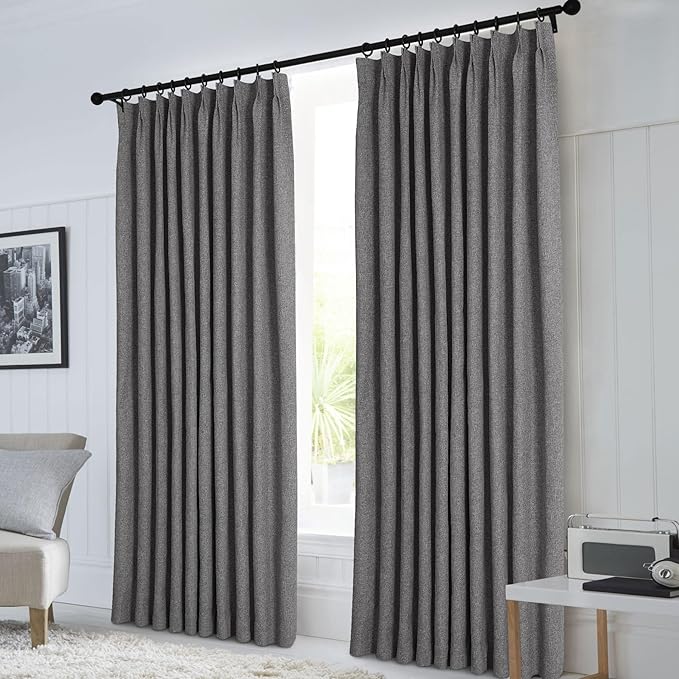 Macochico Pinch Pleated 100% Blackout Curtains Natural Grey Linen Curtains for Bedroom Living Room Farmhouse Thermal Insulated Window Panels Pleated Curtains with Hooks and Tieback 52”Wx72”L 1 Panel