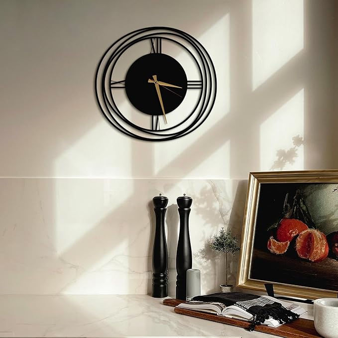 Circular Harmony Wall Clock – 14 Inch Compact, Silent Non-Ticking Quartz, Black Metal Minimalist Clock for Kitchen, Bedroom, Office