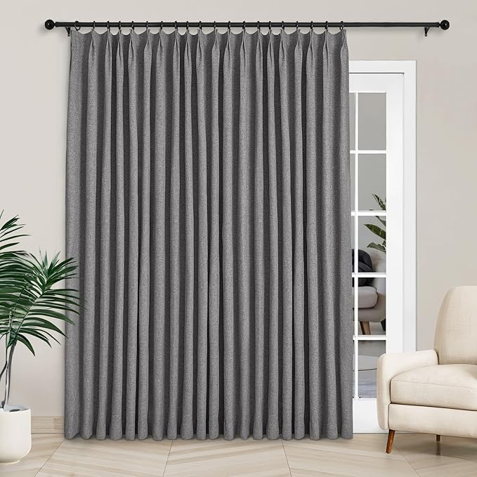 Macochico 120”Wx102”L 100% Blackout Linen Curtains Pinch Pleated Thermal Panels for Sliding Door Bedroom Living Room Farmhouse Shabby Chic Gray Burlap Curtains with Tieback 1 Panel