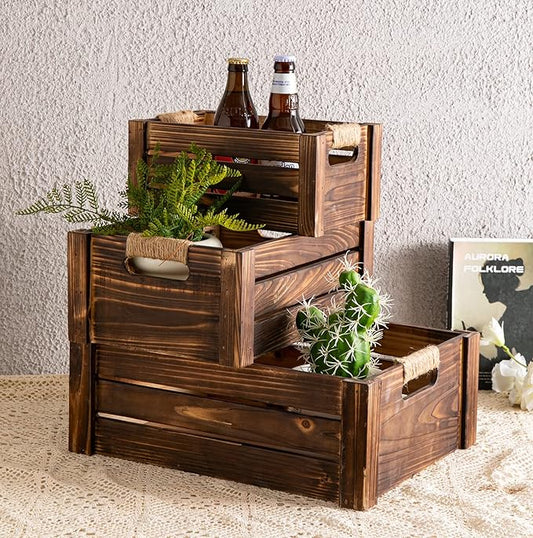 TIMRIS Set of 3 Rustic Wood Nesting Crates, Farmhouse Wooden Storage Container Boxes with Cutout Handles, Decorative Wooden Baskets for Display (Rustic Brown)