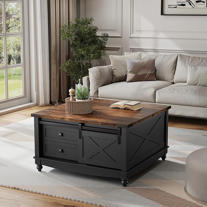 31.5" Lift Top Coffee Table with Storage, Farmhouse Coffee Tables for Living Room, Square Coffee Table with Large Hidden Storage Compartment, 2 Drawers & Removable Shelves, Black