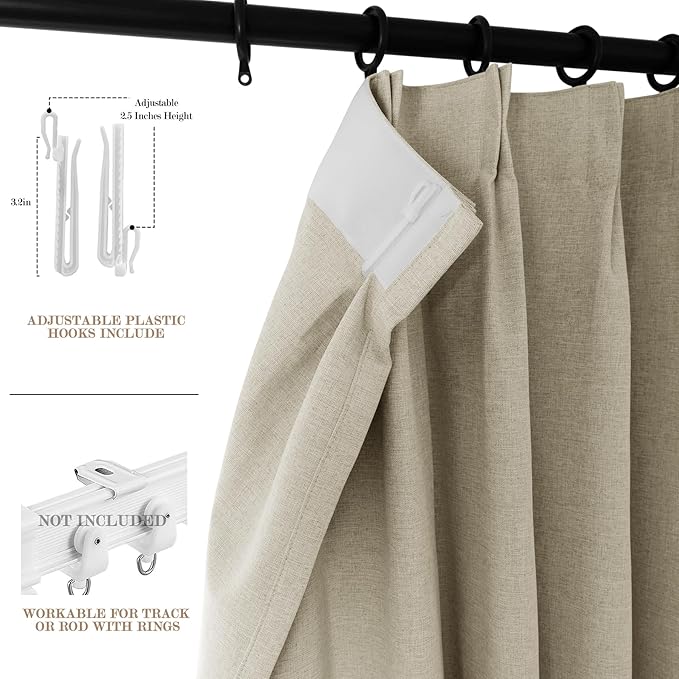 Full Blackout Privacy Curtains, 240 Inch Extra Wide Linen Blend Drapes, Pinch Pleat Window Drapery for Room Divider Storage/Space Room Separation, 1 Panel, W 240" x L 108", Beige