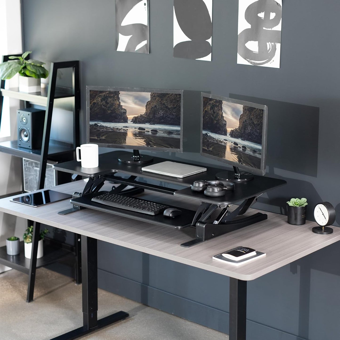 VIVO 48 inch Height Adjustable Large Stand Up Desk Converter, V Series, Quick Sit to Stand Tabletop Dual Monitor Riser Workstation, Black, DESK-V048V