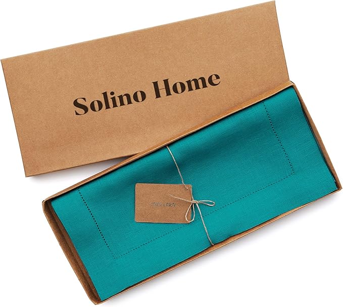 Solino Home Linen Teal Table Runner 72 Inches Long - 100% Pure Linen Hemstitch Table Runner 14 x 72 Inch for Dresser, Dining, Fall, Autumn, Halloween, Thanksgiving - Classic Hemstitch