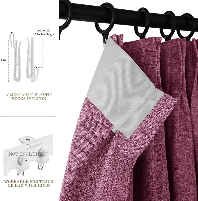 Lilac Pinch Pleat 100% Blackout Drapes Linen Blend, Room Divider, Room Darkening, Energy Saving, Furniture Protecting, Light Blocking Extra Wide Privacy Curtains, 200Wx102L, 1 PC