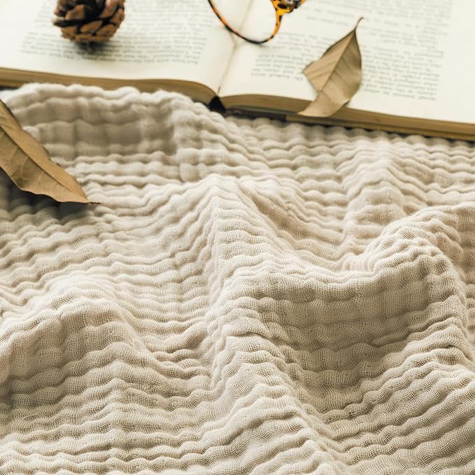 EMME Cotton Bed Blanket Twin Size Soft Muslin Boho Bedding Lightweight Breathable Twin Blanket All Season Gauze, Light Tan