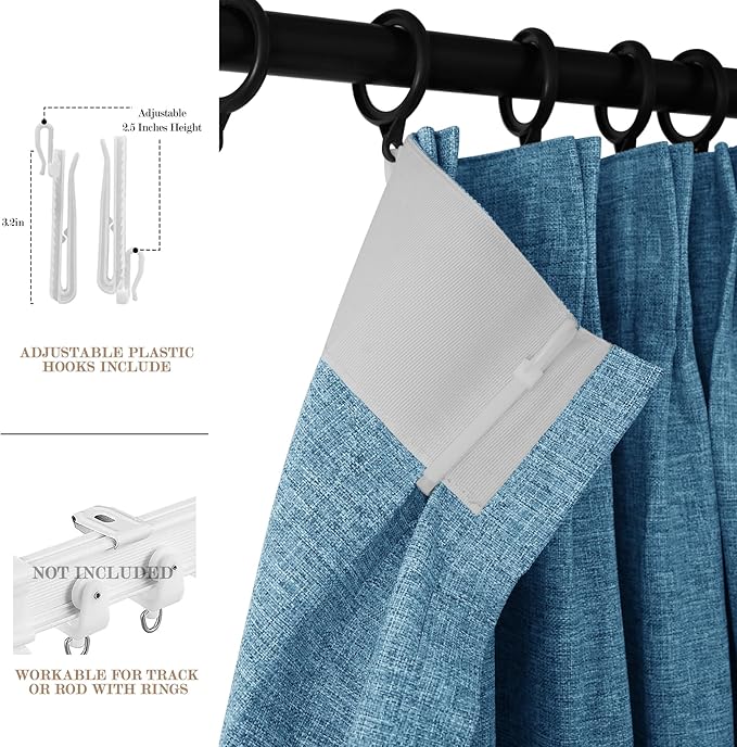 Extra Wide 100% Blackout Linen Textured Curtains - Room Dividers, W200 x L96 (1 Panel), Pinch Pleat Drapes for Living Room, Full Light Block Out Drapery for Sliding Door, Blue