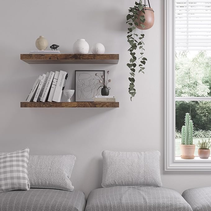 Floating Shelf, Set of 2 Wall Shelf, 24 in W x 12.75 in D x 2 in H Wooden Floating Wall Shelf with Invisible Brackets for Living Room/Bedroom/Bathroom/Kitchen Storage and Decor, Rustic Brown