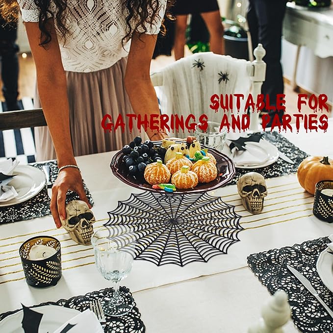 Sfcddtlg 6 Pcs Halloween Spider Web Placemats, 15" Heat Insulation Halloween Placemats Spider Web Table Mats, Hollow Out Spiderweb Coasters Placemat for Dining Table Party Decoration