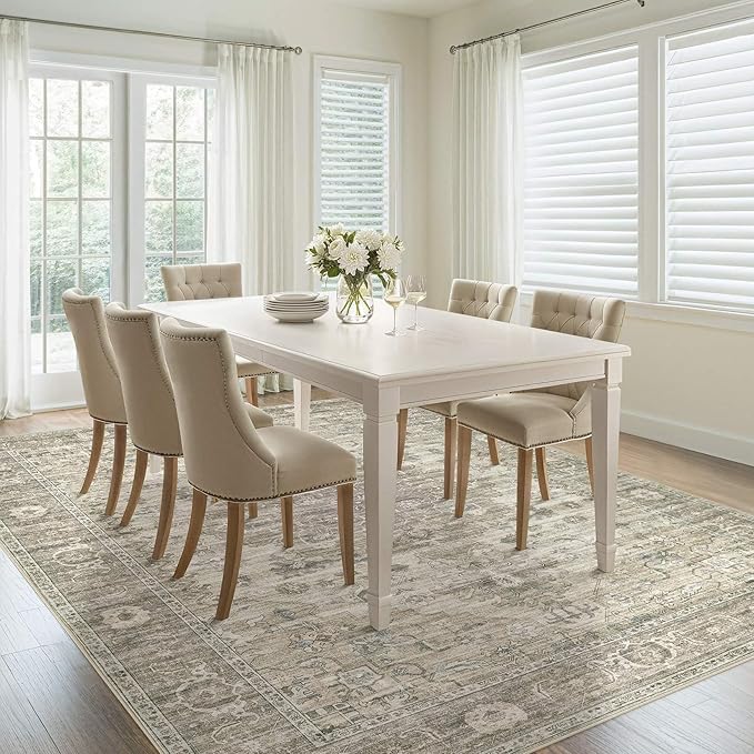 Washable Area Rugs for Living Room - 7x9 Neutral Vintage Distressed Floral Farmhouse Boho Large Soft Floor Rug Indoor Non Slip Carpet for Living Room Bedroom Dining Room Office - Brown/Tan