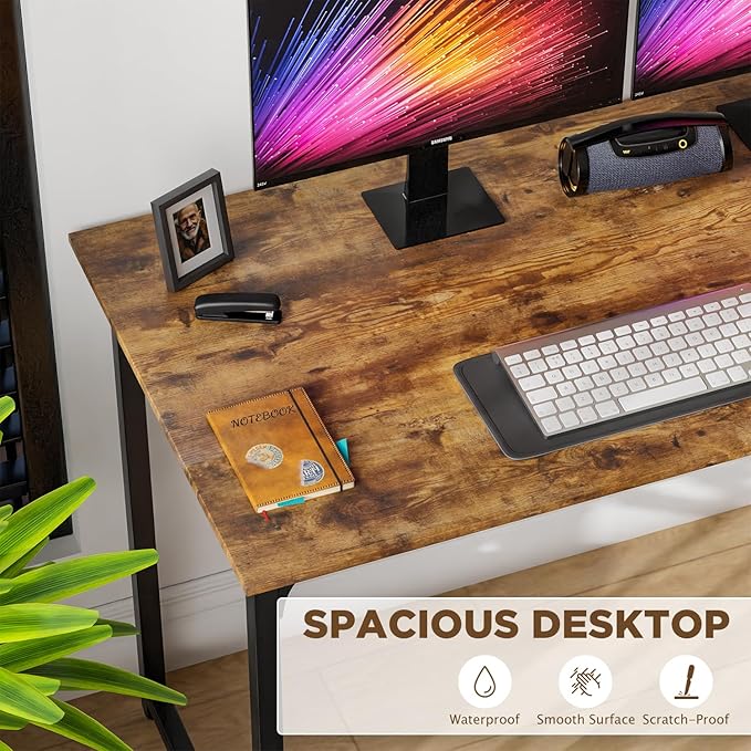 PayLessHere | 47 Inch Computer Desk | Brown | Office Desk with Metal Frame, Adjustable Feet | Water-Resistant, Scratchproof Surface | Sturdy Writing Table for Home Office or Study | Pack of 1