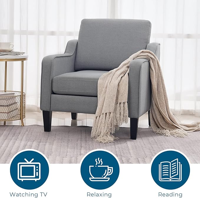 VINGLI Mid Century Modern Accent Chair, Light Grey Fabric Accent Chairs for Living Room Upholstered Armchair with Scooped Arms for Bedroom, Apartment, Studio, Office, Waiting Room