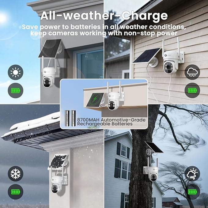 XMARTO QHD Wire-Free Solar Security Camera System Outdoor/Indoor Wireless, Pan Tilt Zoom, 4K Long Range WiFi 6 Surveillance DVR Kit, Long-Lasting Solar Battery Home CCTV 6-CAM Set w. 120-day Storage