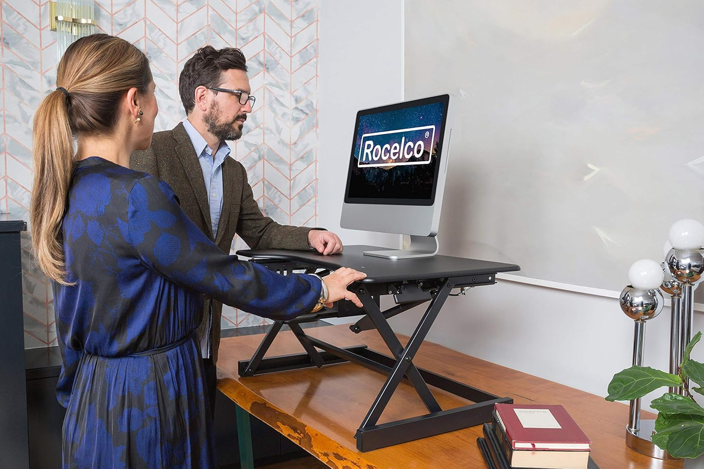 Rocelco 32" Height Adjustable Standing Desk Converter - Sit Stand Computer Workstation Riser - Dual Monitor Retractable Keyboard Tray Gas Spring Assist - Black (R EADRB2)