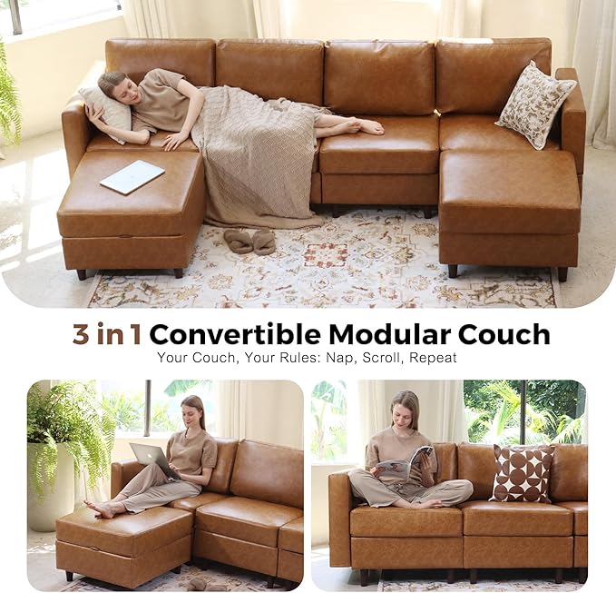 ABCASA Oversized 145.5" Faux Leather Modular Sectional Sofa, Modern Large 10 Seater U Shaped Couch with Storage Seat with Reversible Chaise Deep Seat for Living Room DIY Combination - Brown