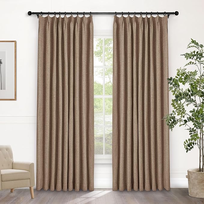 Macochico Pinch Pleated Full Blackout Curtains for Bedroom Living Room Taupe Linen Curtains Thermal Insulated and Noise Reducing Window Panels with Tieback Shabby Chic Decor 84”Wx84”L 1 Panel