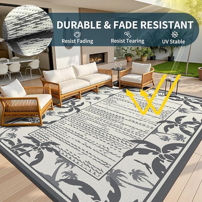 COCOER Outdoor-Rug 9x12 ft Waterproof Outdoor Plastic Straw Rug Reversible RV Indoor Outdoor Carpet Quick Dry Patio Rug Camping Mat for Balcony Backyard Picnic Beach-Grey&Beige