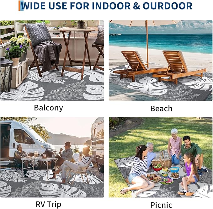 GAOMON Outdoor Rug Waterproof 9x12 Outdoor Plastic Straw Rug for Patio, Reversible Modern Camping Mat with Bag & Stakes, UV Resistant & Easy to Clean Carpet for RV, Deck, Balcony, Grey