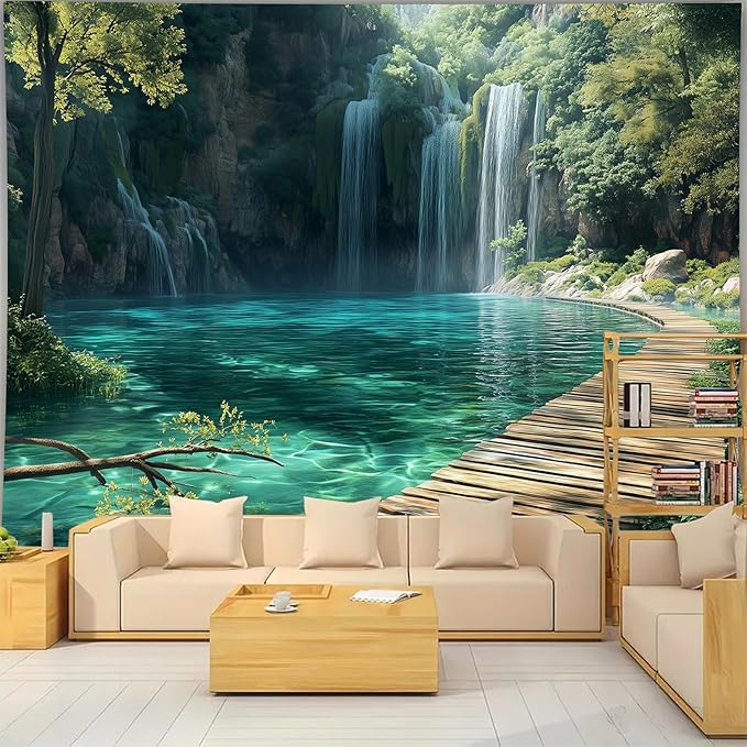 BSFHH Nature Tapestry Forest Tree Sea Cave Wall Hanging, Stream Through Rainforest Landscape Wall Art Tapestry for Bedroom Living room (Waterfall, 79"×59", Unframed)