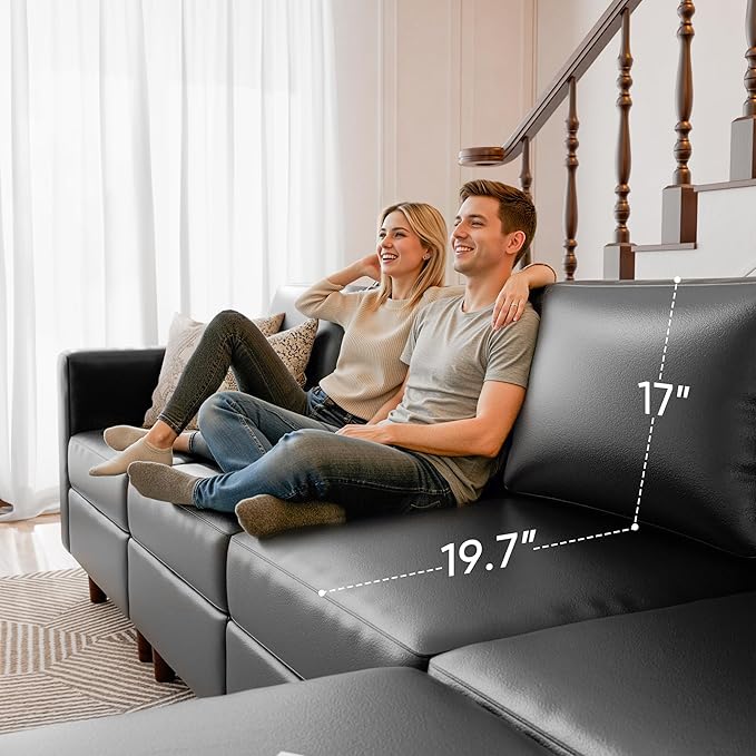 91.5" Faux Leather Modular Sectional Sofa, L Shaped Couch Set for Living Room, 3-Seater Comfy Cloud Couches with Movable Storage Ottoman,DIY Combination - Black