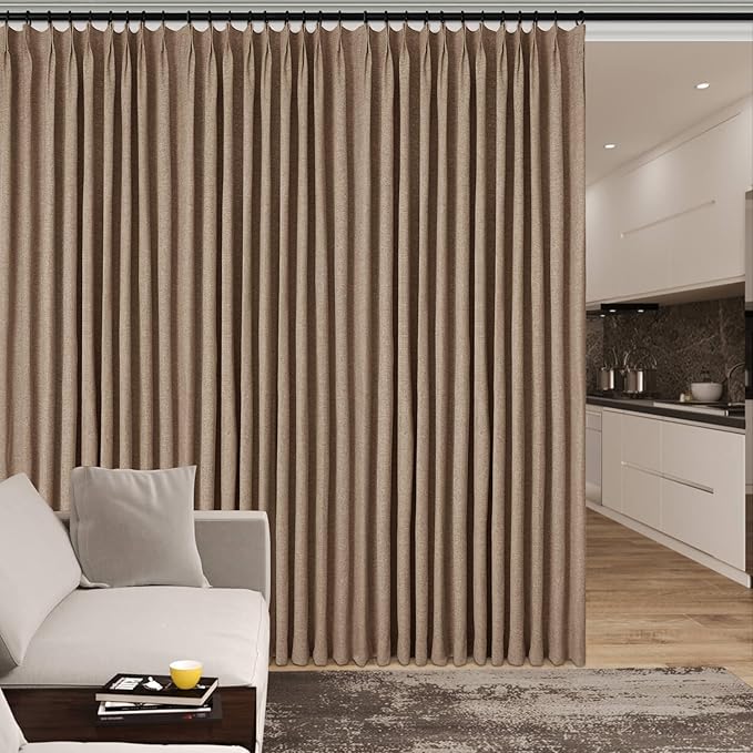 Full Blackout Privacy Curtains, 240 Inch Extra Wide Linen Blend Drapes, Pinch Pleat Window Drapery for Room Divider Storage/Space Room Separation, 1 Panel, W 240" x L 102", Taupe