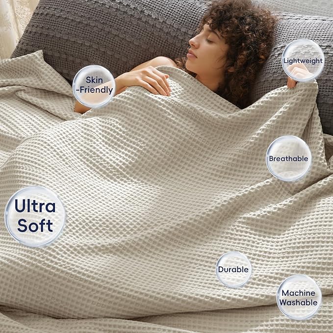 PHF Ultra Soft Waffle Weave Blanket Queen Size 90"x 90"- Washed Lightweight Breathable Cozy Woven Blanket for Bed - Aesthetic Decor for Couch Bedding Sofa Home Car - Light Khaki/Linen
