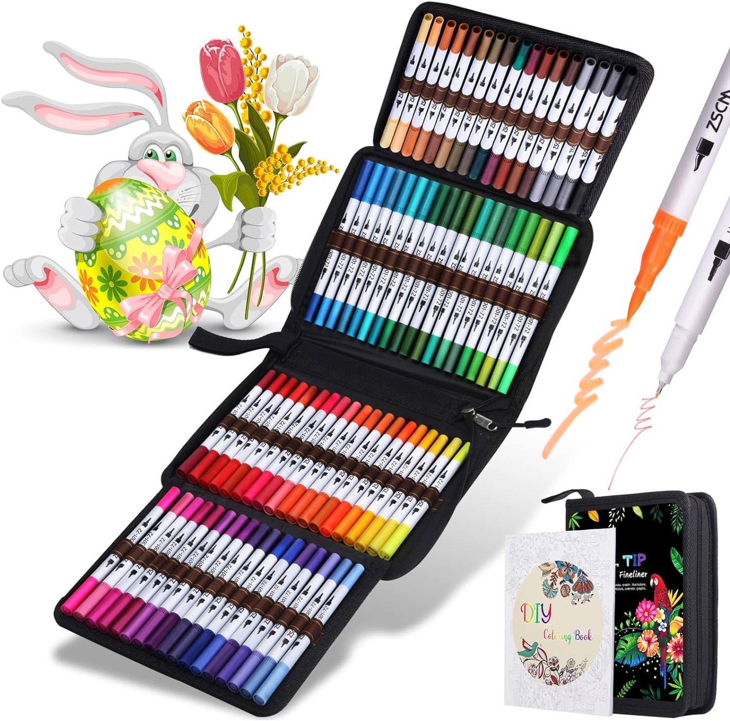 ZSCM 72 Colors Markers for Adult Coloring Books No Bleeding - Dual-Tip Art Markers, Fine & Brush Tip Coloring Pen for Adult Calligraphy, Drawing, Sketch Art & Creative Journaling