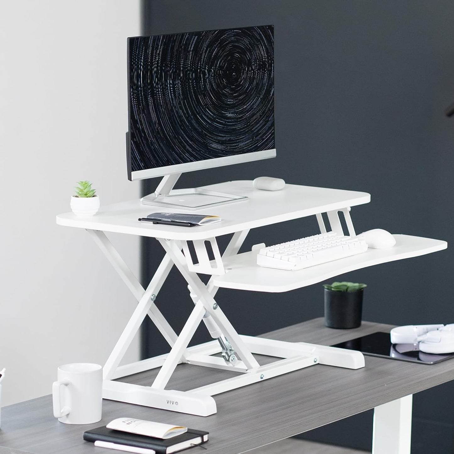 VIVO 28 inch Desk Converter, K Series, Height Adjustable Sit to Stand Riser, Dual Monitor and Laptop Workstation with Keyboard Tray, White, DESK-V028KW