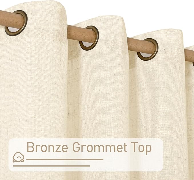 LAMIT Beige 72 inch Linen Curtains 2 Panels Set for Living Room, Soft Thick Linen Semi Sheer Light Reducing Bronze Grommet Window Treatments Neutral Drapes for Bedroom, 52 x 72 Inch