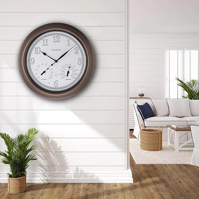CLXEAST 18 Inch Illuminated Outdoor Indoor Atomic Analog Wall Clock with Temperature & Humidity, Lighted Outdoor Clocks for Patio Large Waterproof with Thermometer,Bronze Finish,House Warming Gifts