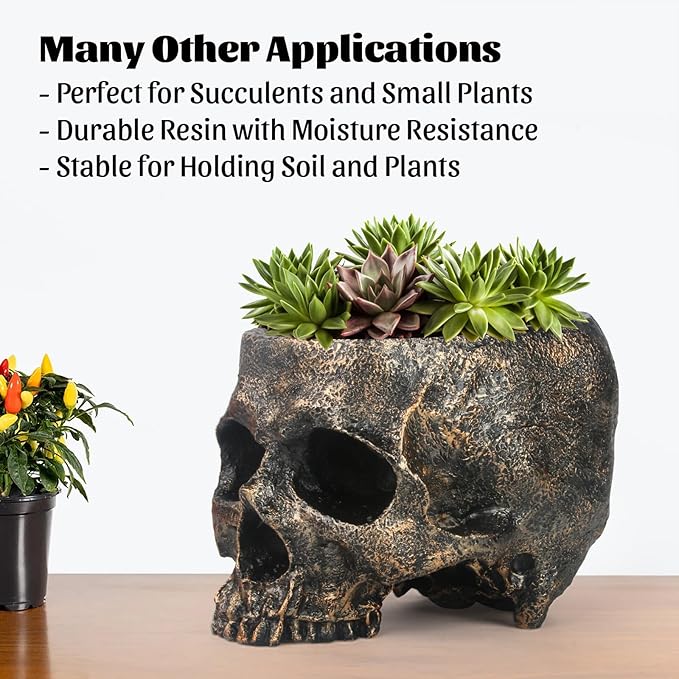 GameXcel Halloween Skull Candy Dish - Large Skull Candy Bowl for Trick or Treat - Skeleton Head Treat Container Planter or Desktop Halloween Decor - Bronze Resin