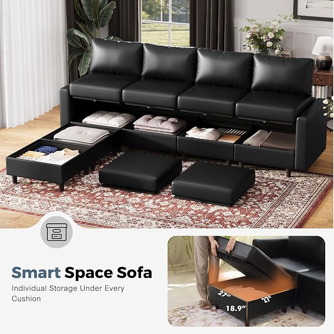 ABCASA Oversized 172.5" Faux Leather Modular Sectional Sofa, Modern Large 11 Seater U Shaped Couch with Storage Seat with Reversible Chaise Deep Seat for Living Room DIY Combination - Black