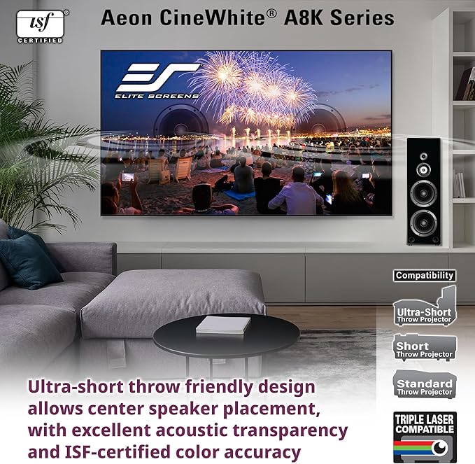 Elite Screens Aeon CineWhite A8K, 103" Diag, 16:9 Aspect Ratio, ISF Certified 8K Ultra HD Home Theater Fixed Frame Edge Free Projection Sound Transparent Perforated Weaved Screen, AR103H-A8K