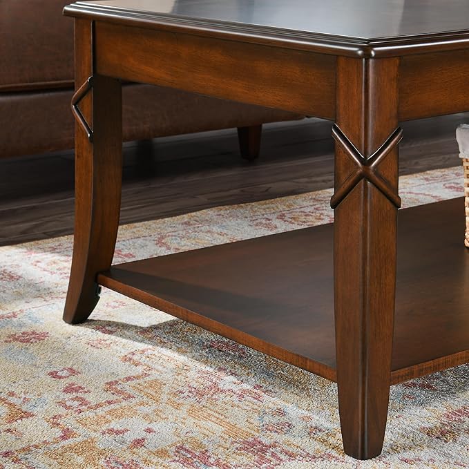 Solid Wood Coffee Table with Storage Shelf, Mid-Century Living Room Tables with Carved Tabletop and Leg, 43.3” Splicing Cocktail Center Sofa Table, Cherry Brown KFZ-DR200