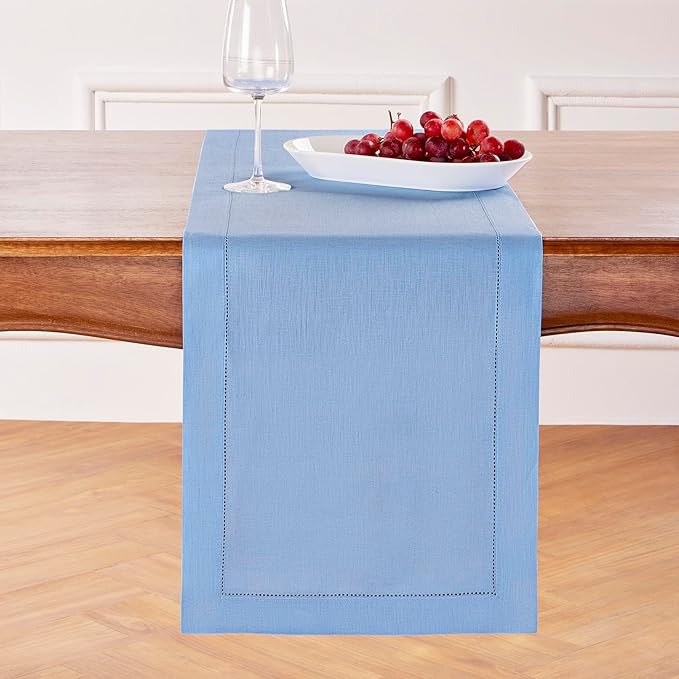 Solino Home Linen Cornflower Blue Hemstitch Table Runner 36 Inches - 100% Pure Linen Small Table Runner 14 x 36 Inch Ideal for Dresser and Coffee Tables - Classic Hemstitch