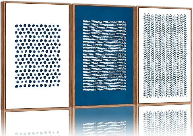 Tinonedraw Navy Blue and White Framed Canvas Wall Art Set, Minimalist Geometric Wall Decor, Neutral Abstract Artwork, Cozy Contemporary Art Prints for Bedroom Living Room Office Above Bed 24"x36"x3