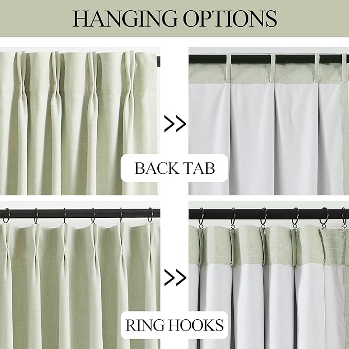 Vision Home Soft Green Pinch Pleated Full Blackout Curtains Linen Blended Room Darkening Curtain Panels 108 inch for Living Room Bedroom Thermal Insulated Pinch Pleat Drapes with Hooks 40" Wx108 Lx2