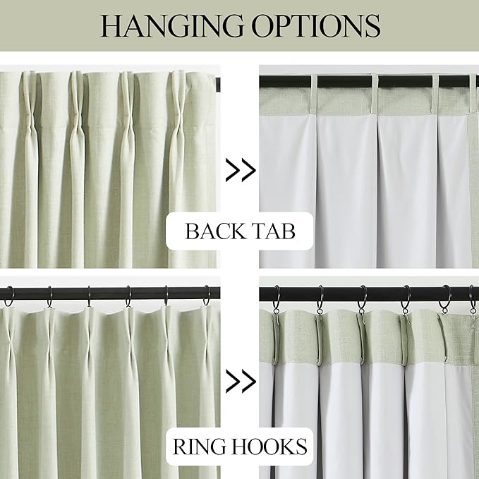 Vision Home Soft Green Pinch Pleated Full Blackout Curtains Linen Blended Room Darkening Window Curtains 72 inch for Living Room Bedroom Thermal Insulated Pinch Pleat Drapes with Hooks 60" Wx72 Lx1