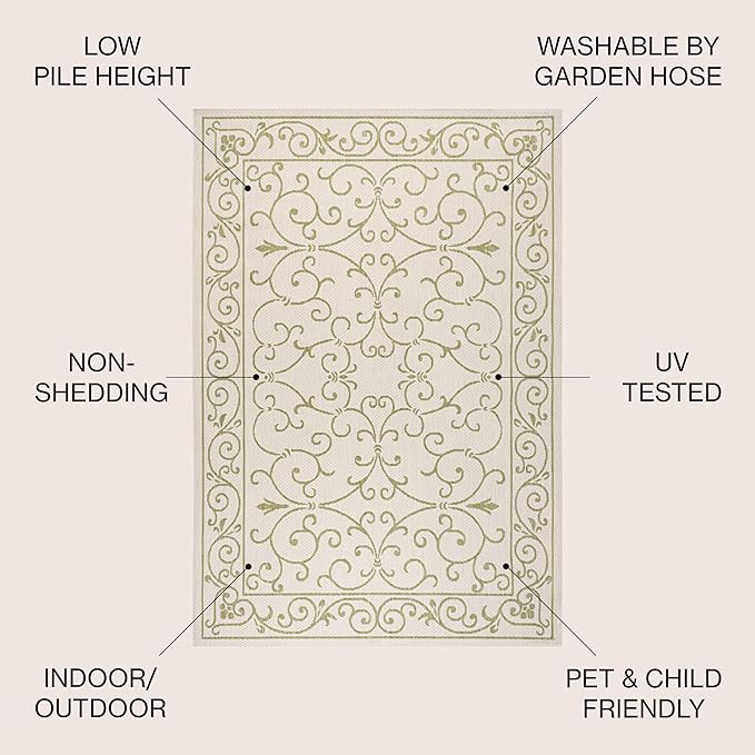 JONATHAN Y Vintage Filigree Indoor Outdoor Area Rug 5X8 Cream/Green, Charleston Textured Weave for Backyard, Patio, Porch, Easy-Cleaning, High Traffic, Pet-Friendly, Non-Shedding (SMB106I-5)