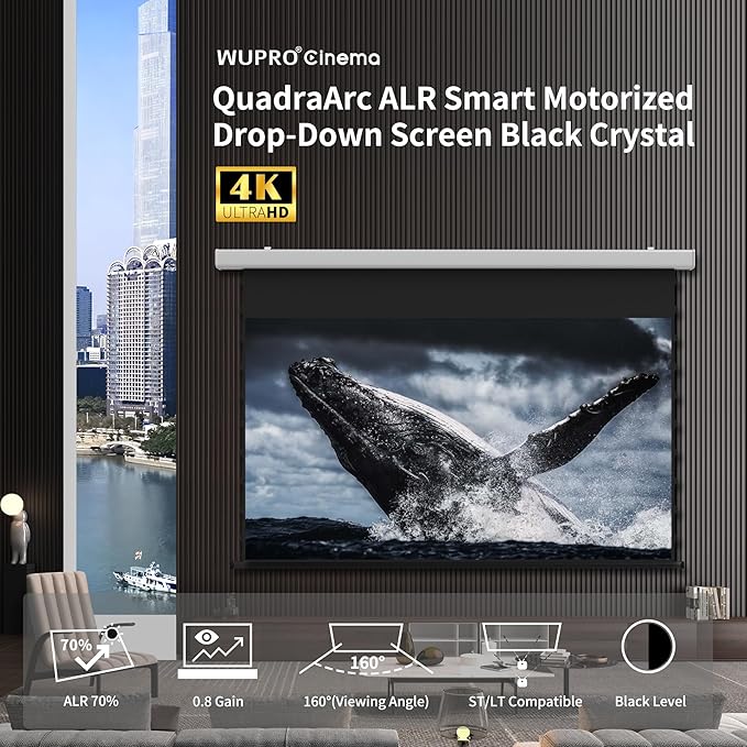 QuadraArc Motorized ALR Projector Screen, Black Crystal 4K Electric Drop Down Screen, Wall & Ceiling Mount, Compatible with 1800 ANSI Lumens ST/LT Projectors 120"