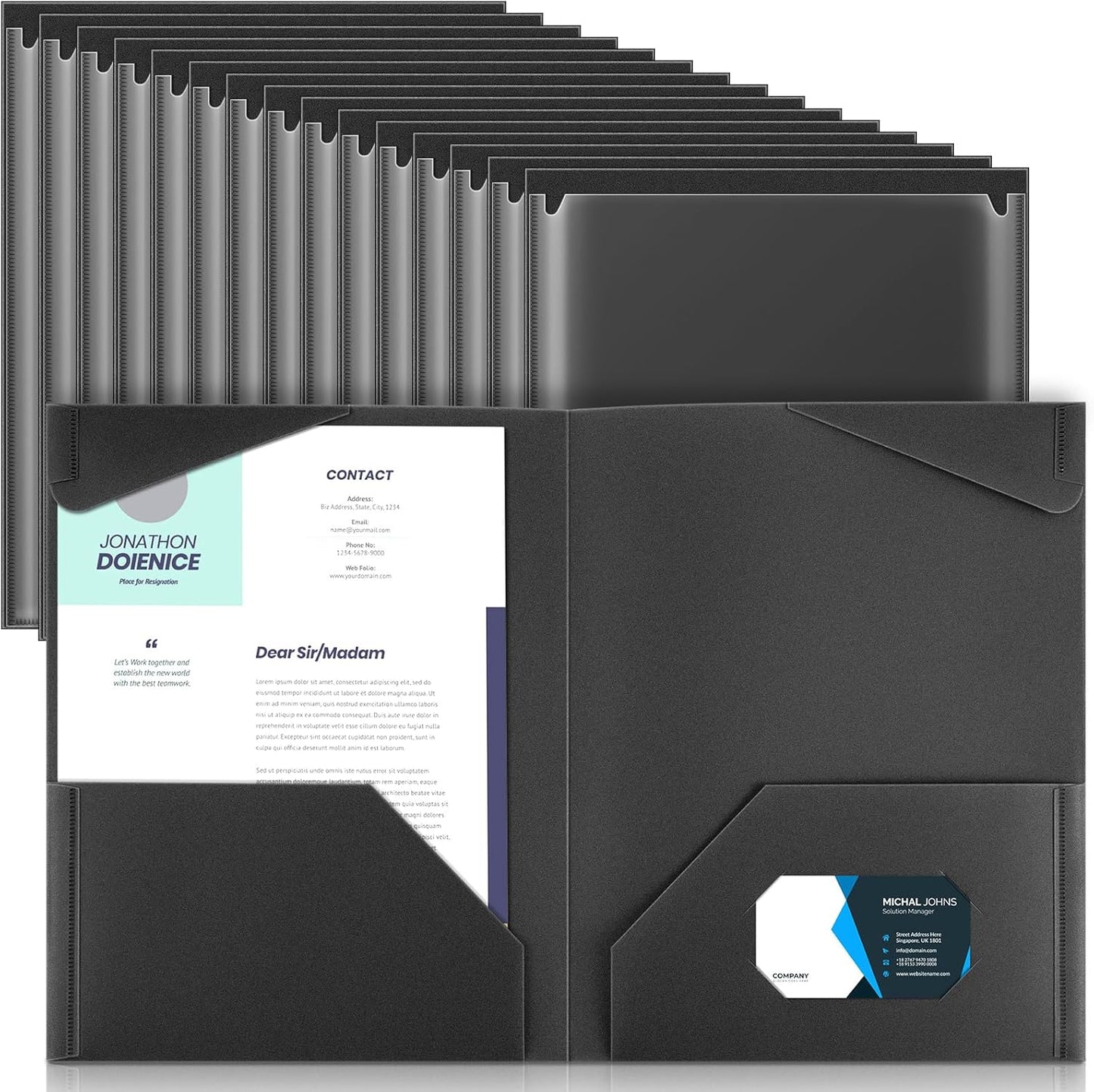 Henoyso 36 Pcs Plastic Folders with Clear Front Pockets Heavy Duty File Folders with 2 Pockets and Card Slot for Student Communication School Office Presentation Report (Black)