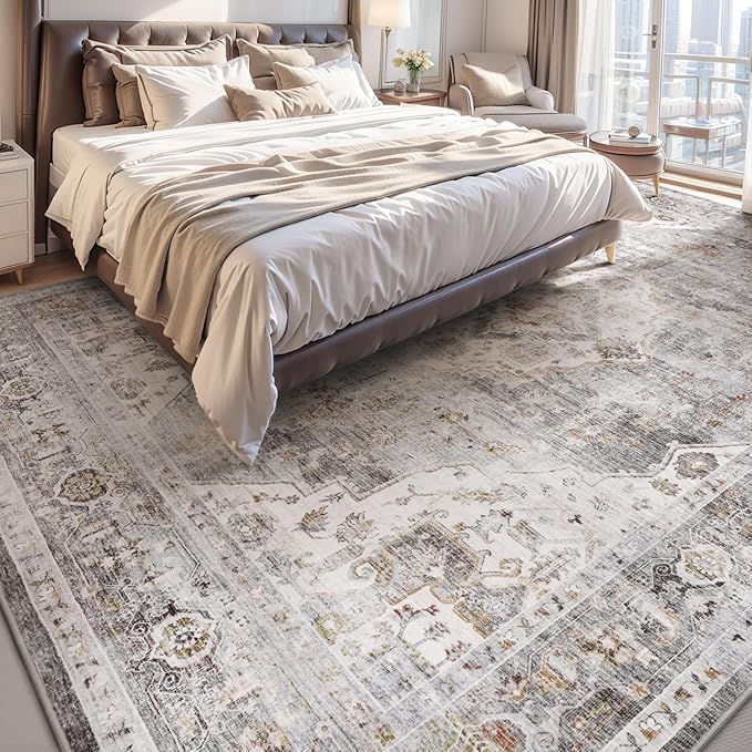 AMOAMI-Area Rug 6X9 Rugs for Living Room-Vintage Soft Grey Rugs for Bedroom-Non Slip Carpet-Machine Washable Rug for Dining Room Living Room Bedroom Office Under Table